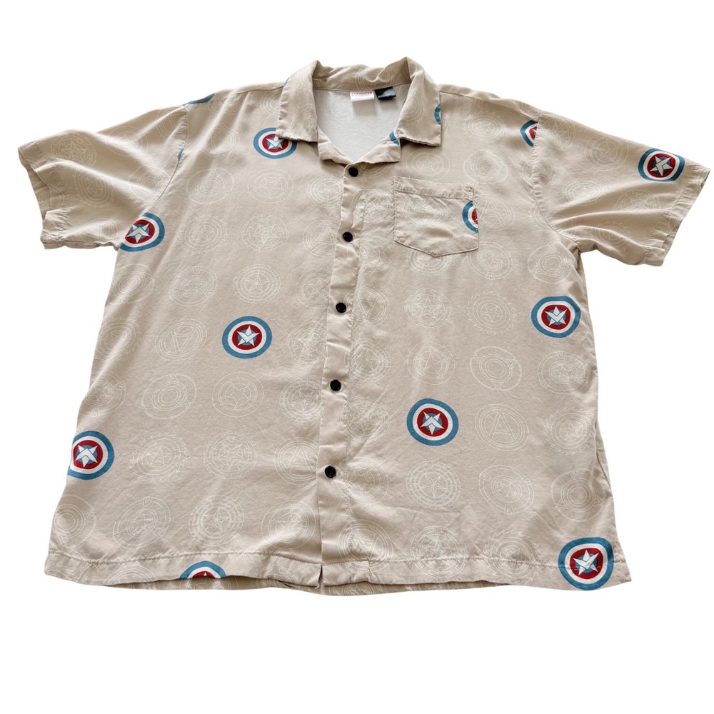Marvel Captain America Button Down Mens Large Beige Rayon Avengers Shirt